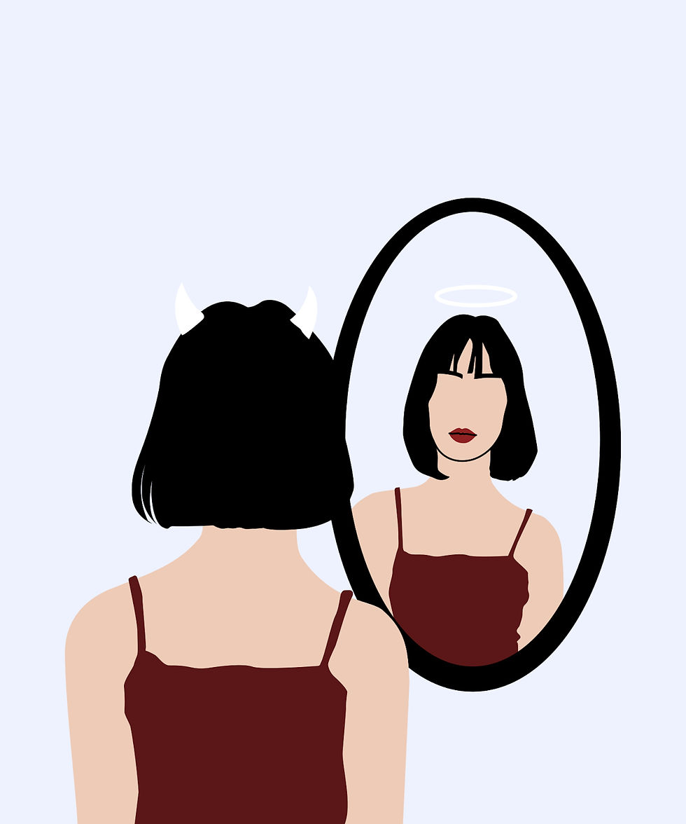 A woman with devil horns looking at herself in a mirror and in the mirror she has a halo