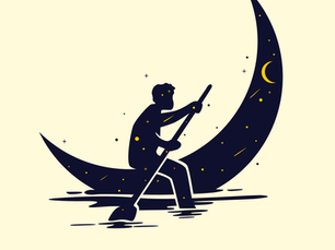 An illustration of a man rowing a boat shaped like a moon and colored like the night sky with stars