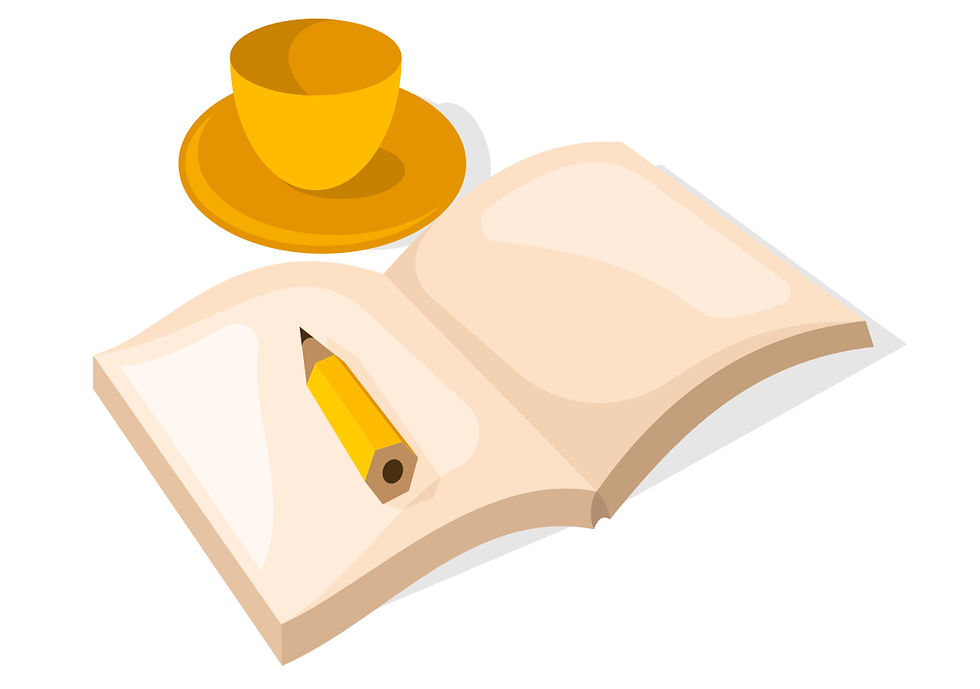 A notebook, pencil, and coffee cup