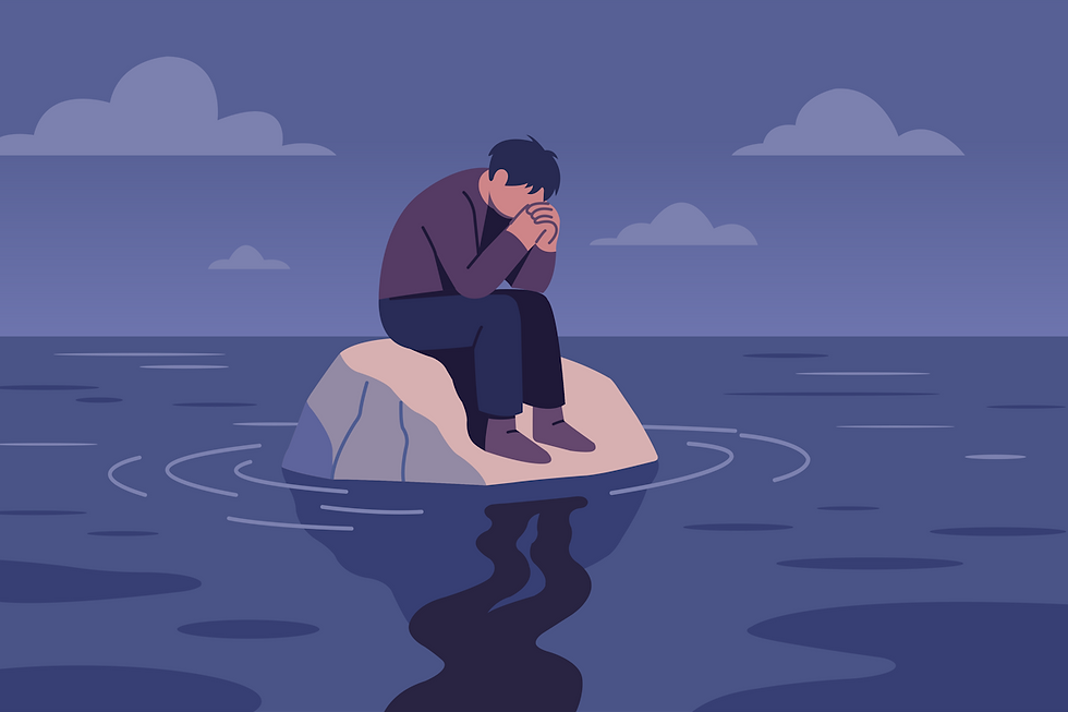 An illustration of a person sitting on a rock in the middle of the ocean with his head in his hands