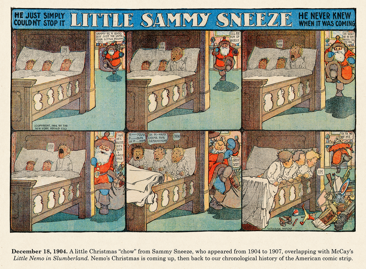 Little Sammy Sneeze comic strip drawing by Winsor McCay, Sammy sneezing and scaring Santa Claus, 12-18-1904 y_Sneeze_(1904-12-18).gif