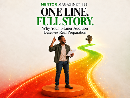 One Line. Full Story. An actor holds a script beside a colorful path leading toward a film camera.