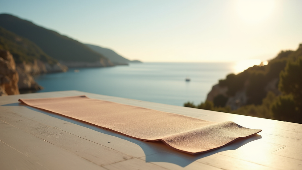 Vue rapprochée d’un tapis de yoga posé sur une terrasse ensoleillée à La Ciotat