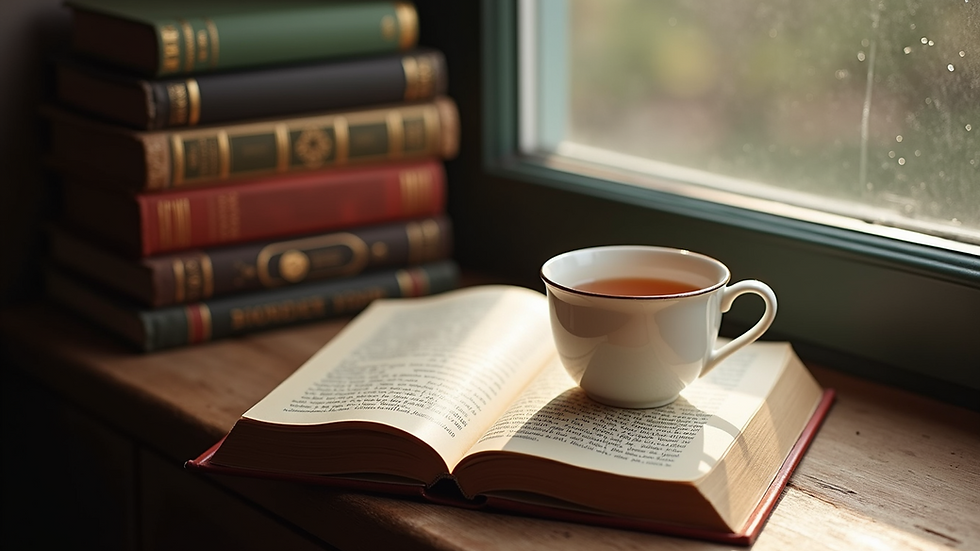 High angle view of a cozy reading nook with books and a cup of tea