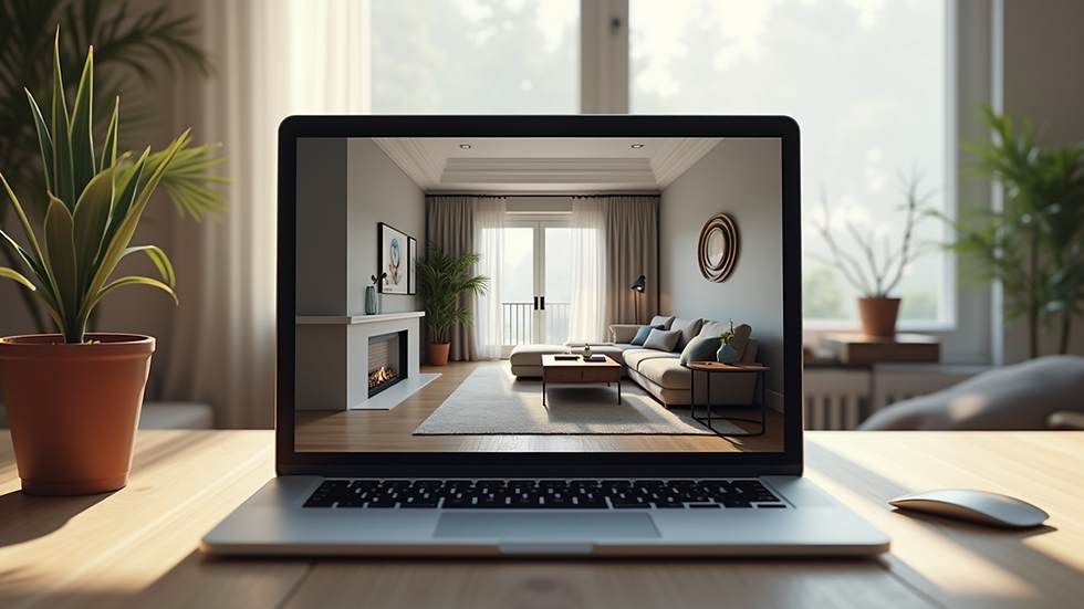 Eye-level view of a modern home design displayed on a laptop screen