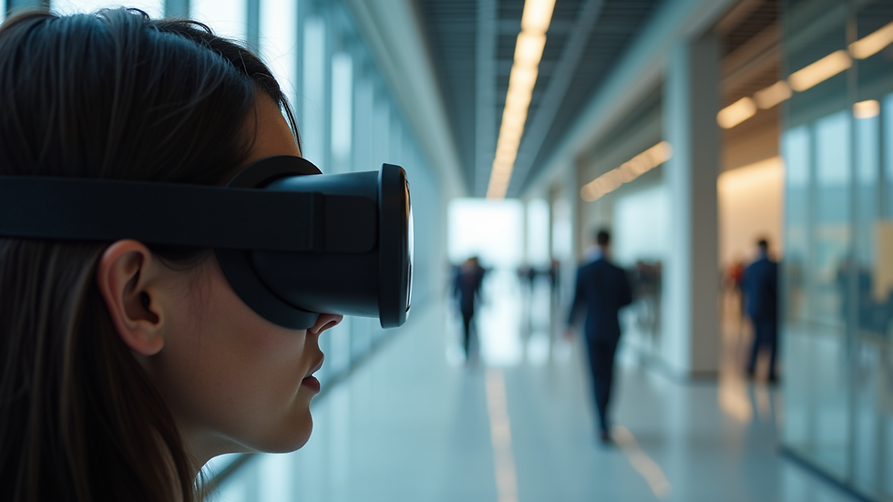 Close-up view of a VR headset displaying a building interior