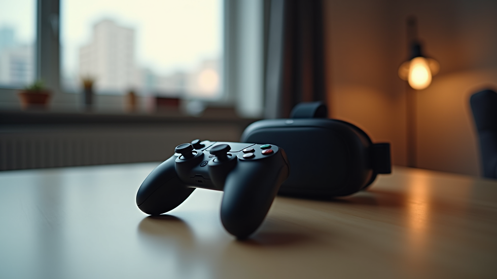 High angle view of a virtual reality controller and headset on a table