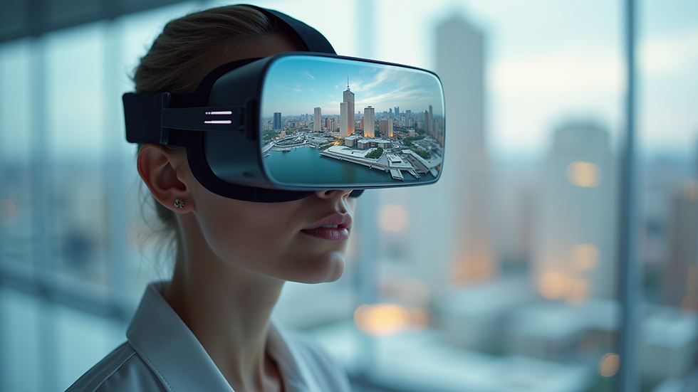 High angle view of a virtual reality headset displaying a 360-degree architectural model