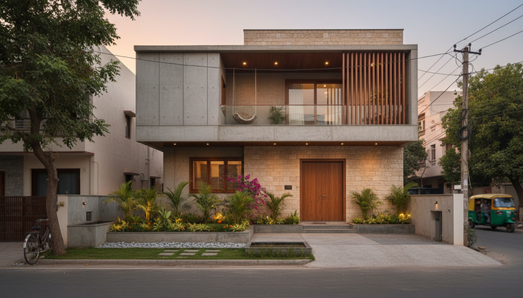 Wide-angle view of a modern house exterior in Jabalpur
