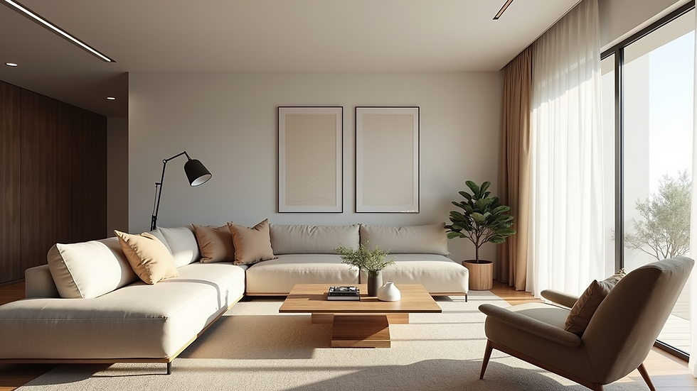 Eye-level view of a modern living room in a 360 VR presentation