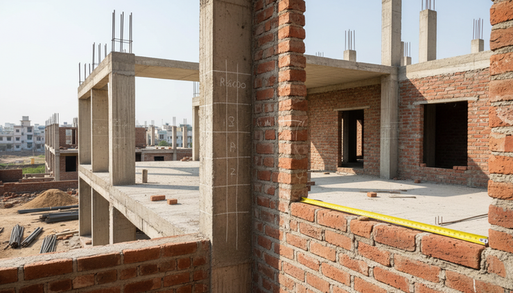 Eye-level view of a residential construction site with exposed brick and concrete
