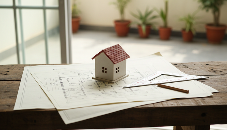 Close-up view of architectural drawings with a house model