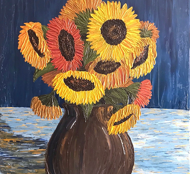 oil painting of sunflowers in a brown vase with blue background, Van Gogh inspired