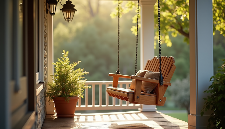 Eye-level view of a wooden porch swing hanging on a cozy front porch with a small potted plant beside it