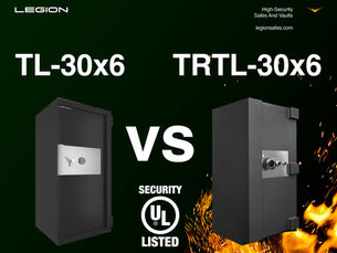 A photo of a tl-30x6 safe and a trtl-30x6 safe showing a comparisson of them, with flames in the background.