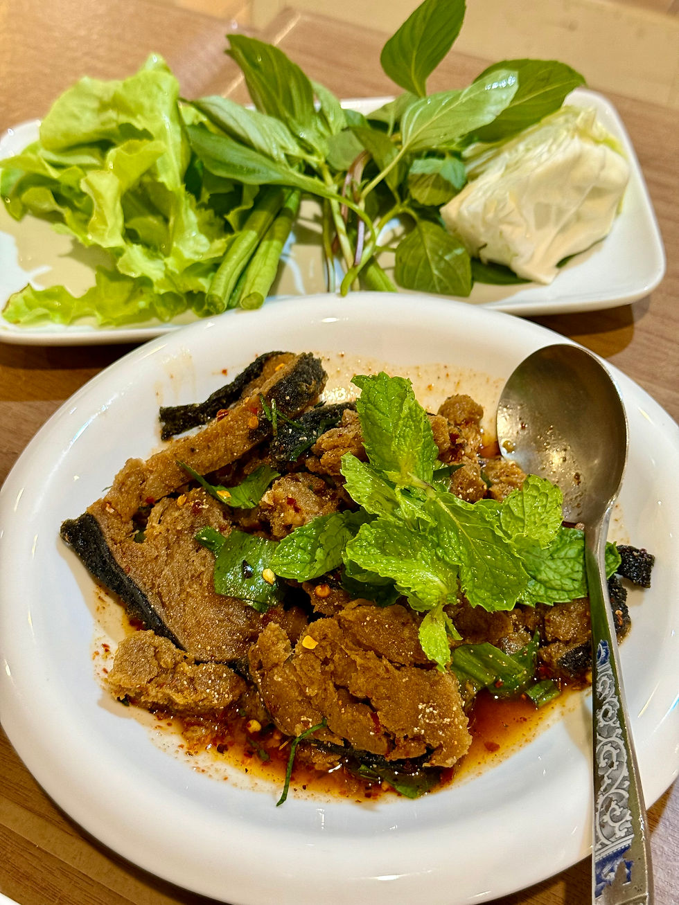Thai vegan fried "fish" salad (Nam Tok)