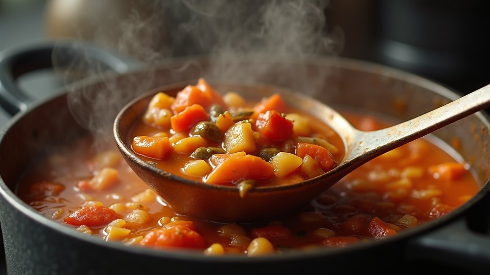 Close-up of a big ladle stirring a pot of hearty stew