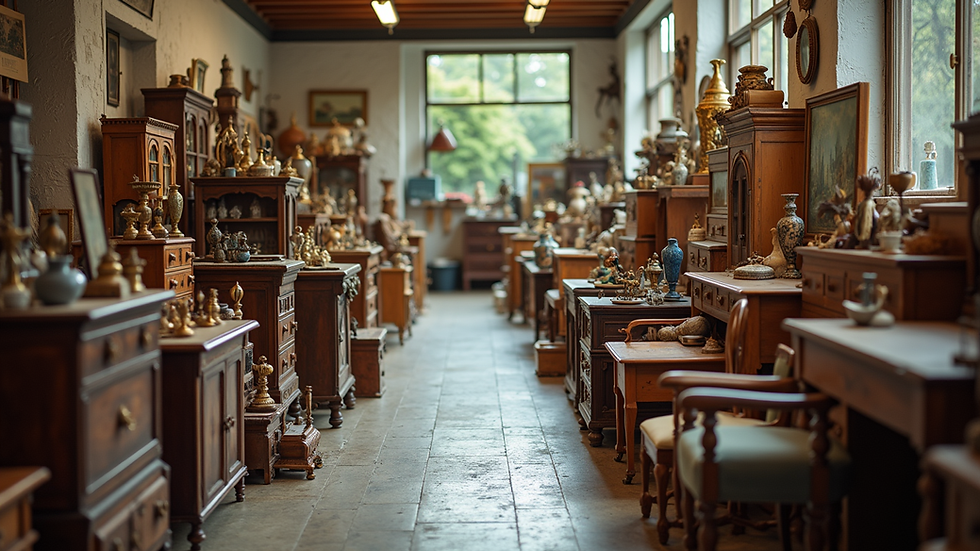 Eye-level view of a neatly arranged estate sale with antiques and household items