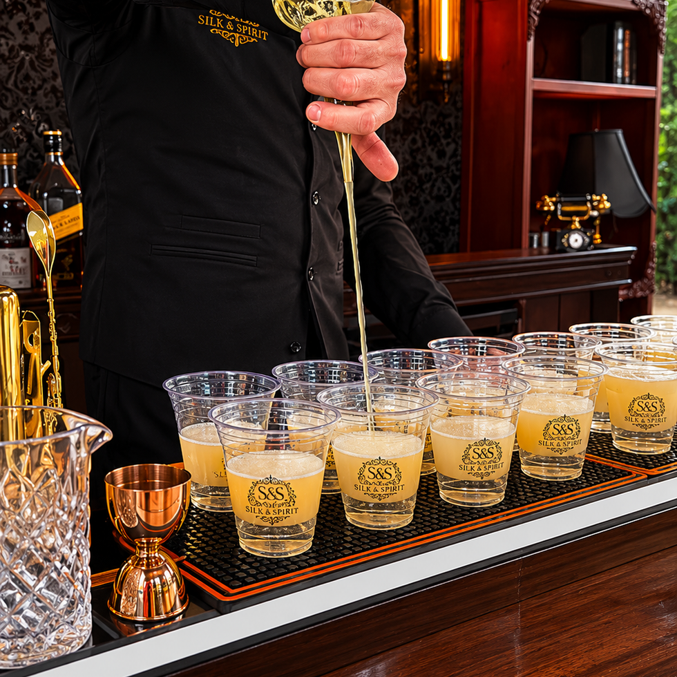 Bartender pouring handcrafted cocktails for guests inside the Silk & Spirit luxury mobile bar trailer in San Diego