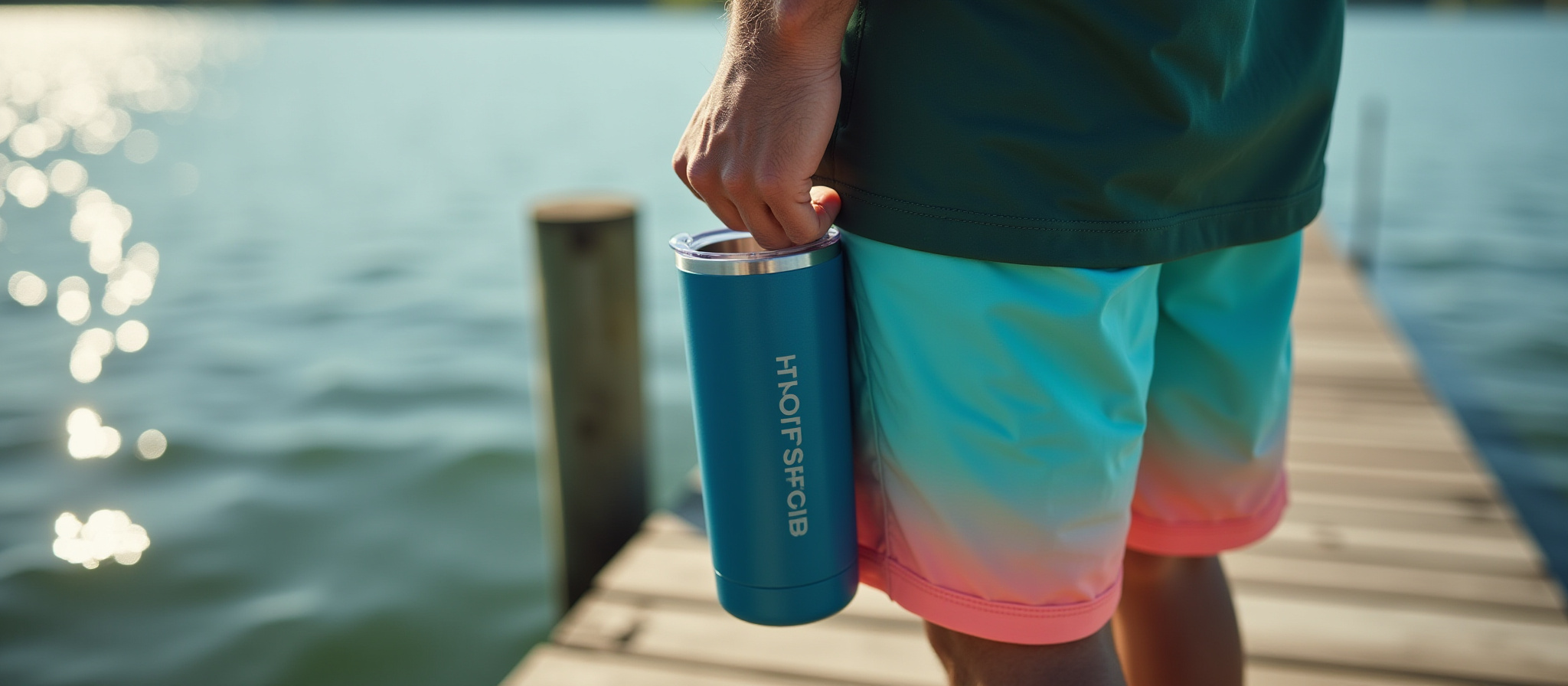 Man holding a blue tumbler with white text by lake southernedgecupdesign