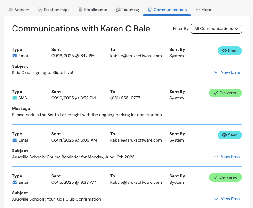 Communications log with Karen C Bale showing emails and SMS with details on events and reminders. Messages marked as "Seen" or "Delivered".