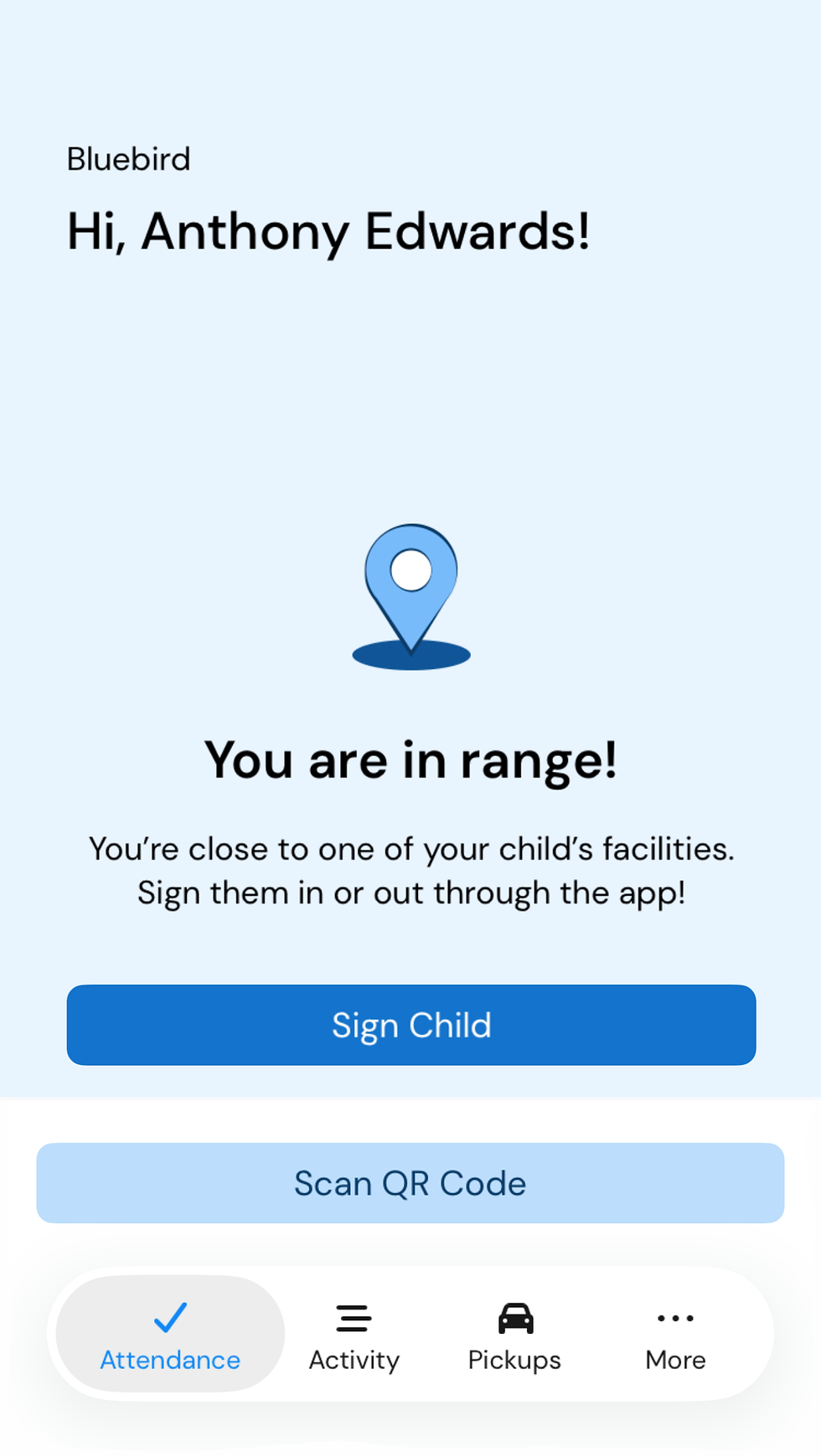 Bluebird app screen greets Anthony Edwards, says You are in range, with Sign Child and Scan QR Code buttons.