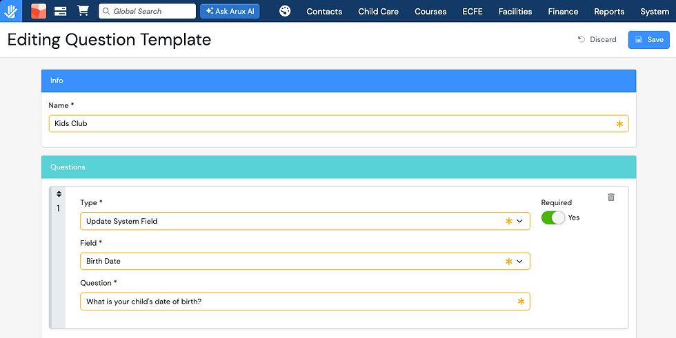 Editing template UI for "Kids Club" with sections for type, field, and question. Save button highlighted, green toggle on. Blue and teal headers.