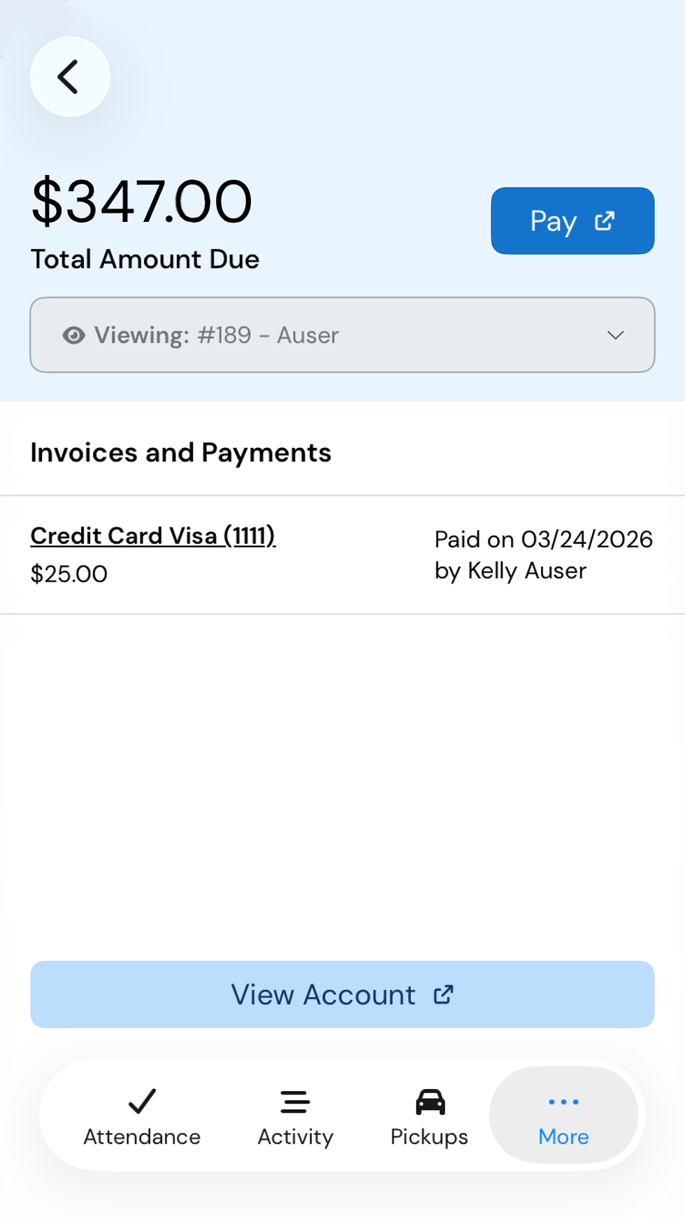 Billing app screen showing $347 due, Pay button, invoice for Credit Card Visa (1111) paid by Kelly Auser, and View Account.