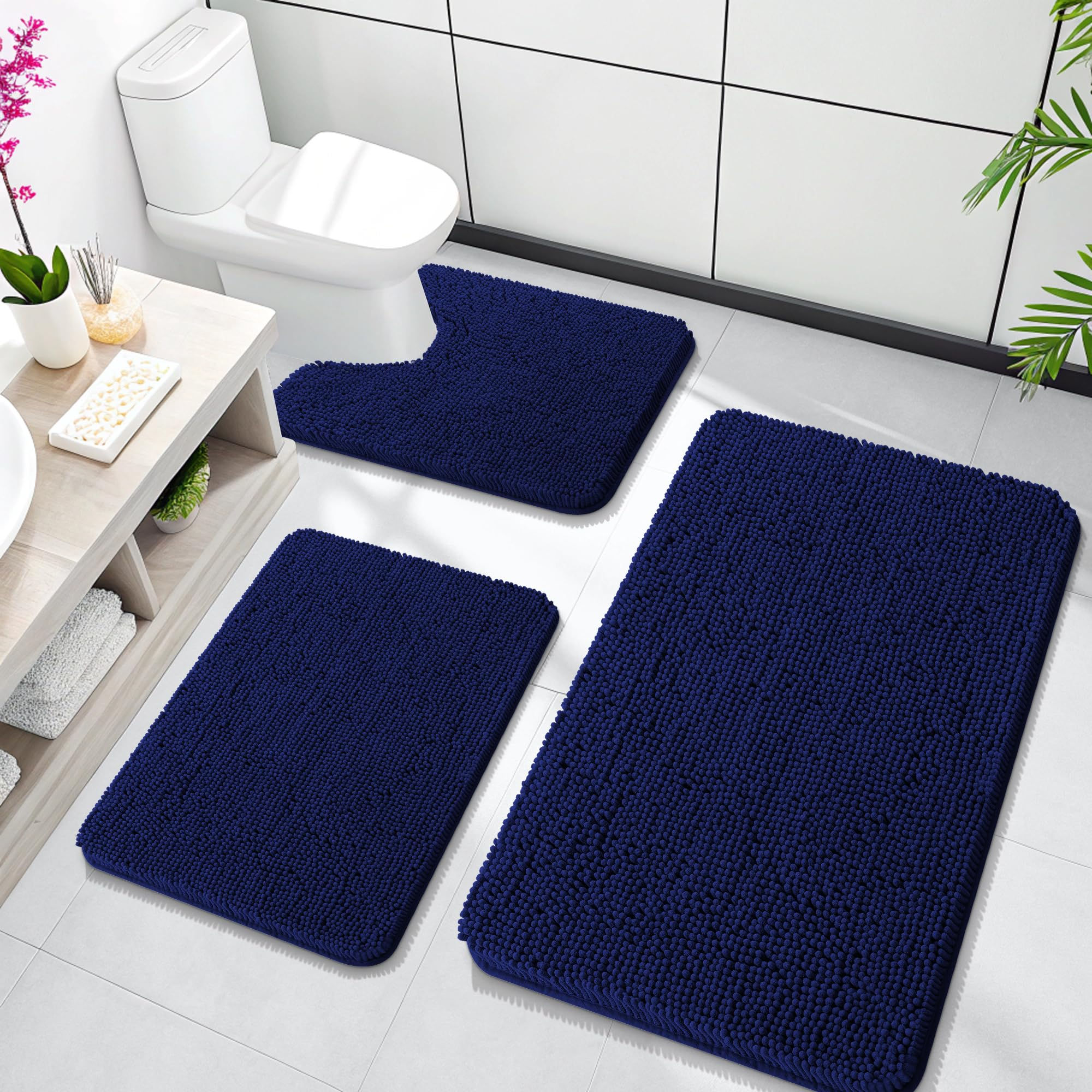 OLANLY Bathroom Rugs Sets 3 Piece Soft Absorbent Chenille Bath Rugs and U-Shaped