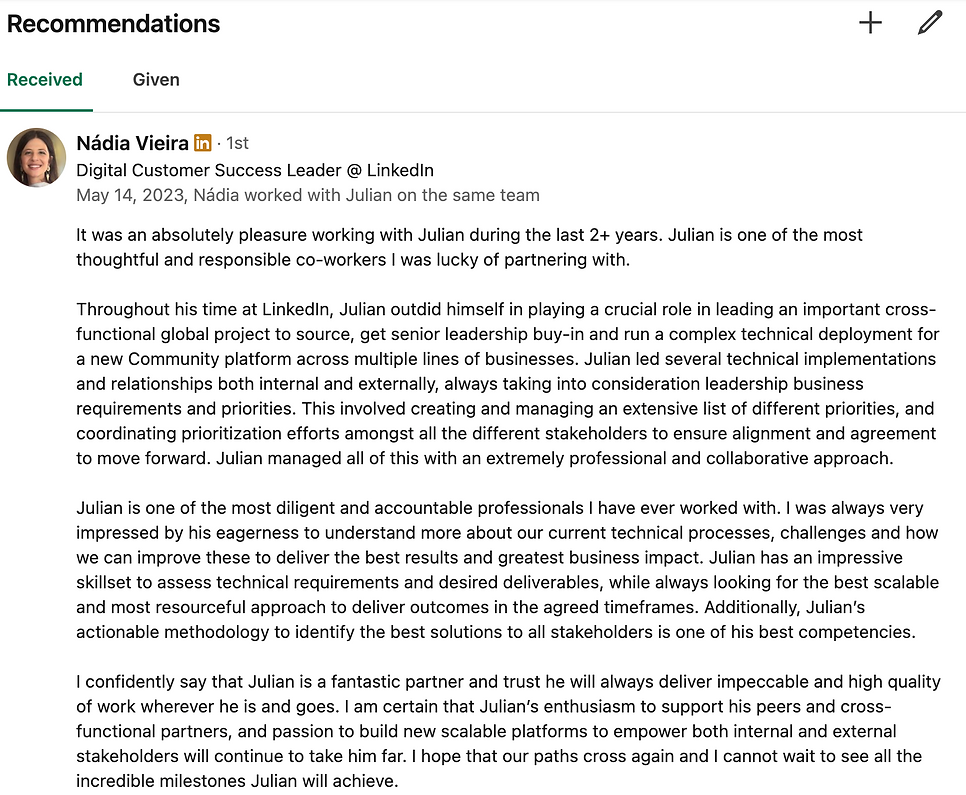 Recognition & Accolades LinkedIn