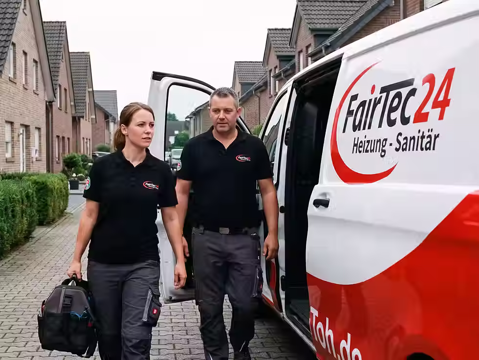 Zwei Monteure von FairTec24 mit Werkzeugtasche vor ihrem Fahrzeug in einer Wohnstraße