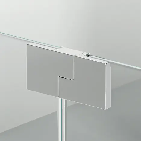 Filigraner Eckverbinder für Glas-Duschwände: Minimalistische Hardware-Lösung für maximale Transparenz im Badezimmer – präsentiert von BAD ELEMENTE.