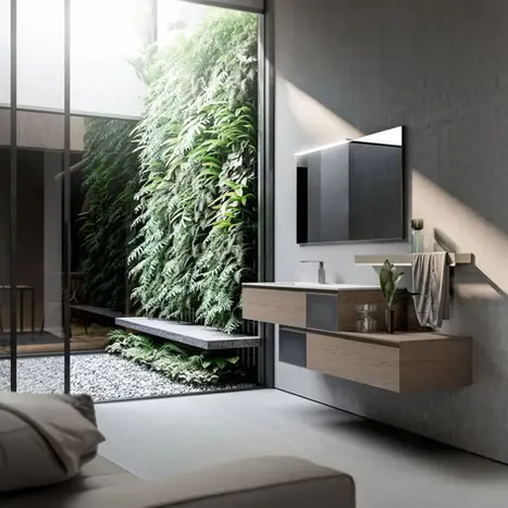 Wellness-Atmosphäre im Bad: Moderner Holz-Waschtisch mit Aufsatzbecken vor einer raumhohen Verglasung zum vertikalen Garten – BAD ELEMENTE Design.