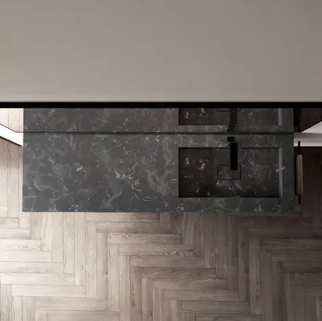 Luxus-Badezimmer-Kombination: Dunkler Naturstein-Waschtisch von oben fotografiert, kombiniert mit edlem Fischgrätparkett – Planung von BAD ELEMENTE Hamburg.