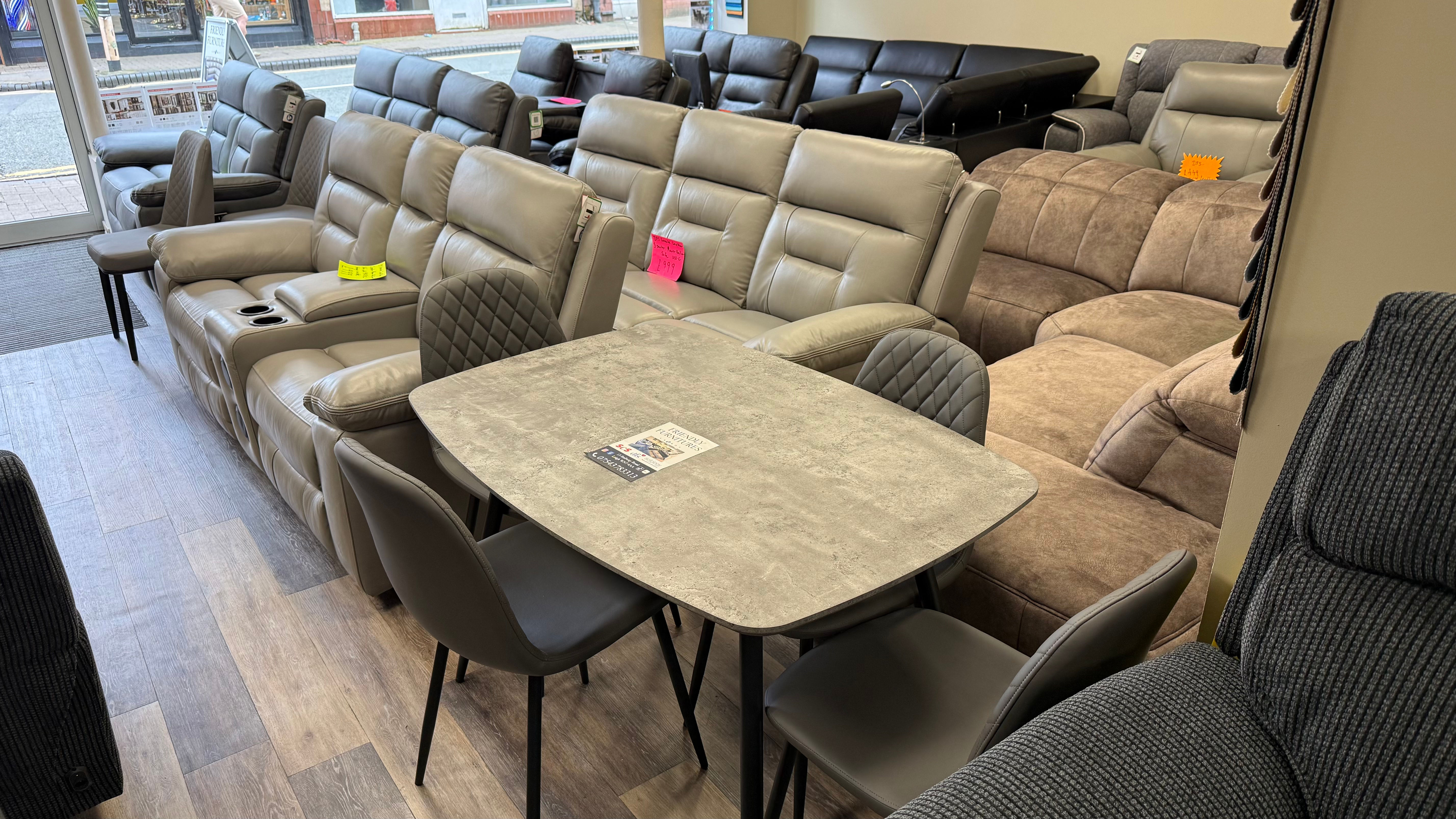 Grey dining table with 4 leather chair