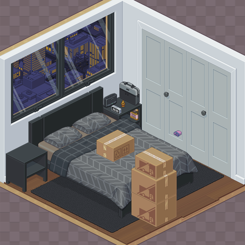 A gif from my first ever playthrough of Unpacking. In the boyfriend level (2010), I struggle to fit all of the protagonist's stuff in his bedroom.