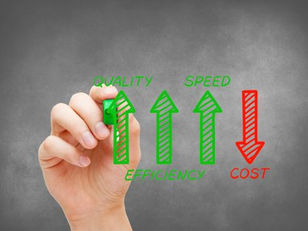 Blackboard with arrows highlighting cost, quality and efficiency.