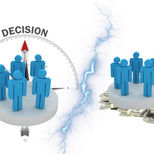 One group of blue stick figures in front of a compass pointing to a direction and another group on top of a pile of money.
