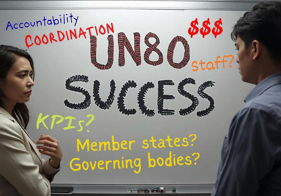 Two stressed people in front of a whiteboard that lists UN80 success factors.