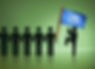 Row of black stick figure images on a green background. One of the stick figures is holding a blue flag with a UN logo on it.