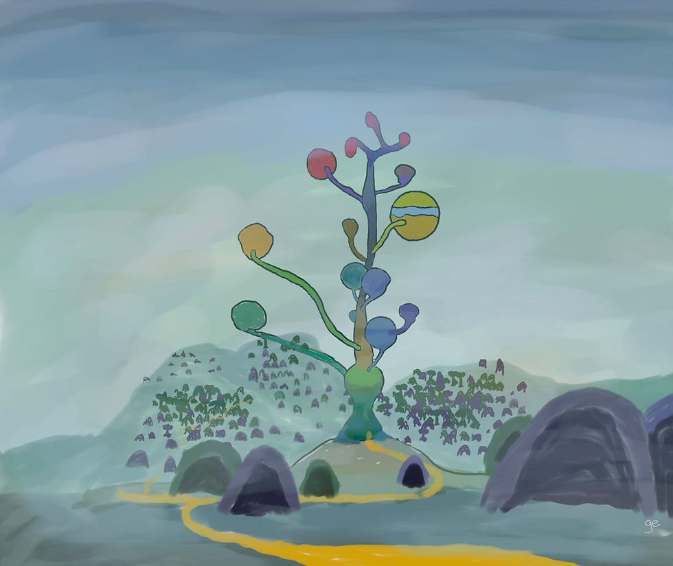 An underwater city consisting of small inverted conic structures scattered across the seabed and surrounding a central temple, the Gongjid, consisting of a stem-like structure and bubble-chambers that float upwards. The houses are one of two colours, purple or green, while the temple itself consists of many different colours.