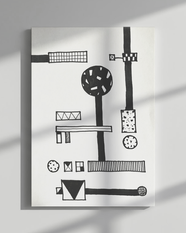 幾何学的な形やパターンを黒の線画で描いたスケッチです。ディフューザーパッケージデザインの構成要素となるモチーフが手描きで配置されています。
