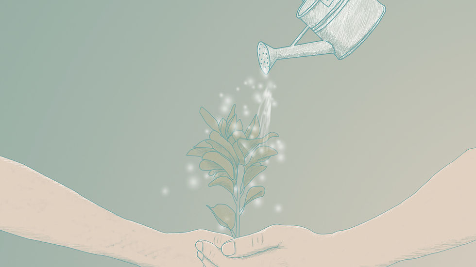 手のひらの上に芽吹く植物に、水を注ぐ様子を描いたイラスト。育てる・整えるというイメージを通して、ブランドストーリーや想いを映像として丁寧に形にしていくモーショングラフィックスの制作過程を象徴している。