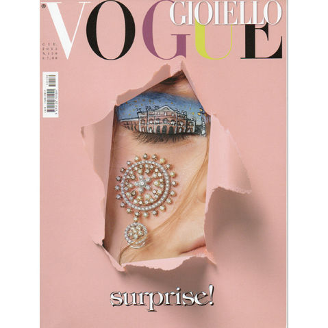 2015/06 Vogue Gioiello Magazine cover, pink paper ripped to reveal diamond and pearl jewelry.