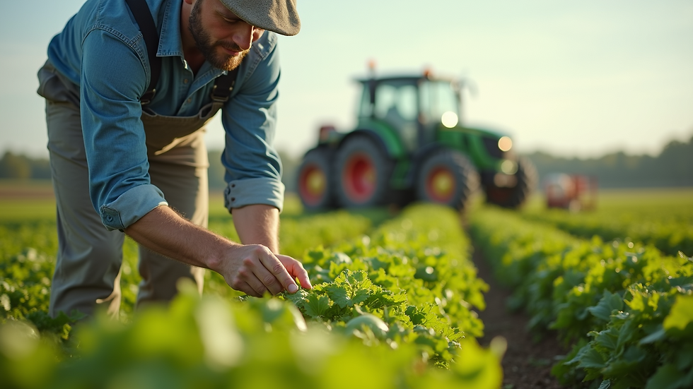 Eye-level view of a farmer inspecting fresh produce in a field