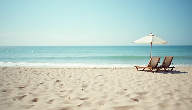 Eye-level view of a quiet beach with empty lounge chairs and calm ocean waves