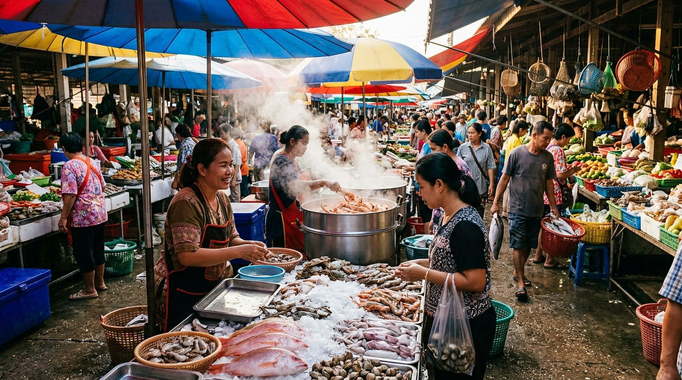 Bustling open-air seafood market with vendors under bright umbrellas, steam rising from a cooking pot, and shoppers browsing fish.