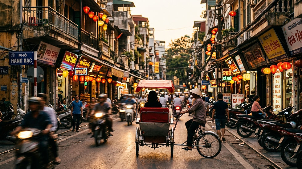 Busy Vietnamese street at dusk with a cyclo in the center, motorbikes rushing by, glowing lanterns, and neon shop signs.