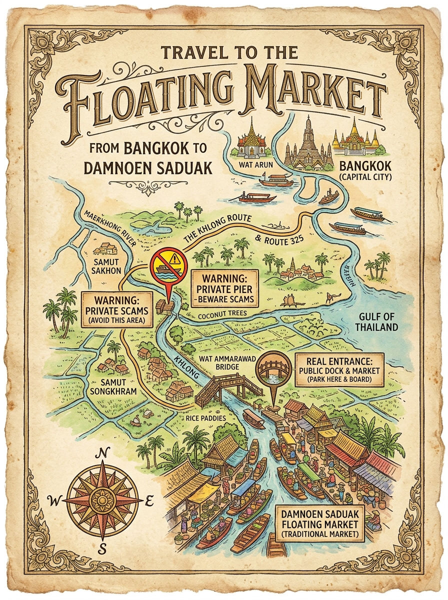 Vintage map poster of Travel to the Floating Market from Bangkok to Damnoen Saduak, with canals, boats, warnings, and market stalls