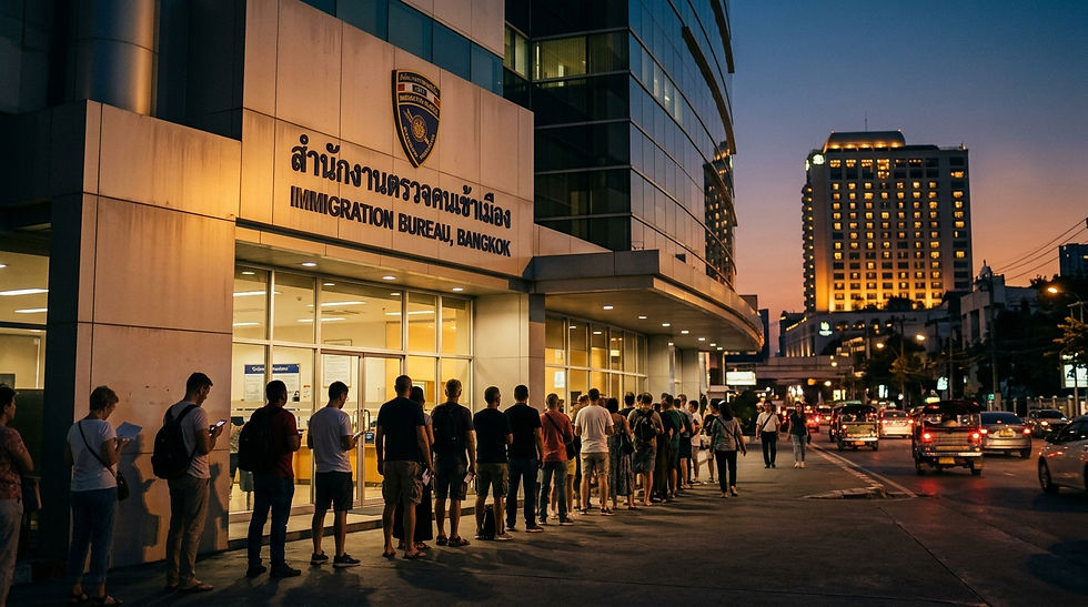 People queue outside Immigration Bureau, Bangkok at dusk, with glowing office lights, traffic, and city towers.